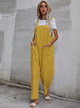 Black Cotton Lazy Loose One-piece Bib Pants