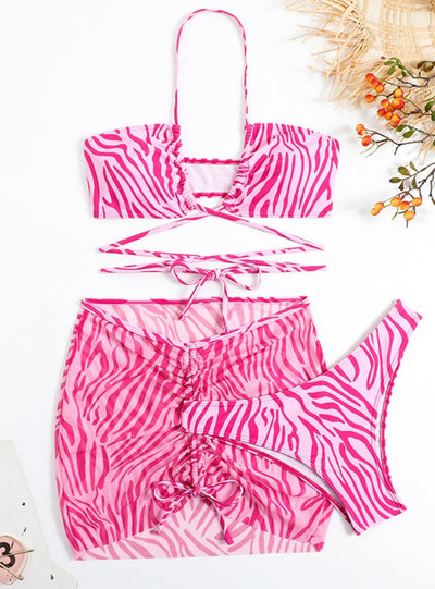 Striped Drawstring Lace-up Three-piece Swimsuit Bikini