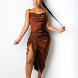 Ruched Satin Spaghetti Straps Cowl Neck Backless Long Dresses
