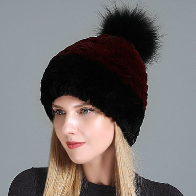 Women's Rex Fur Hat Fox Fur Ball Wool Hat