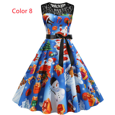 Christmas Printed Lace Stitching Dress