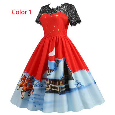 Christmas Short Sleeve Printed Lace Stitching Dress