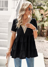 V-neck Hollow Jacquard Short-sleeved Shirt