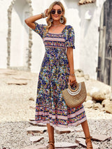 Beach Square Neck Bohemian Print Dress