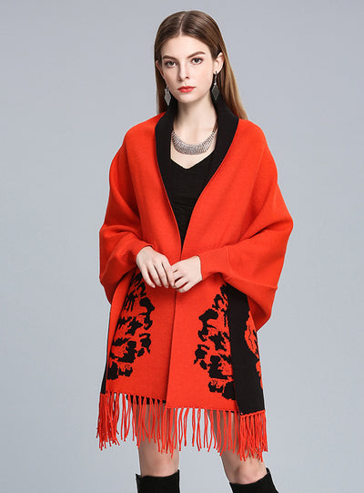 Jacquard Fringed Knitted Shawl Cloak Bat Sleeve Padded
