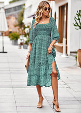 Bohemian Square Neck Long Sleeve Dress