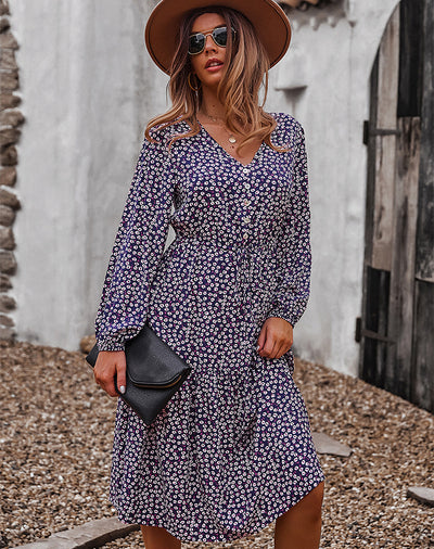 V-neck Sexy Big Swing Long Sleeve Dress