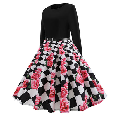 Rose Flower Print Long Sleeve Dress