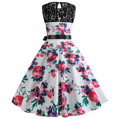 Retro Sleeveless Lace Stitching Print Dress