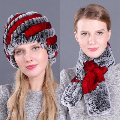 Warm Pineapple Rex Rabbit Fur Hat Scarf Set