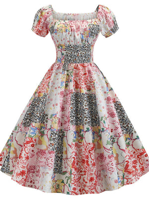 Short Sleeve Square Print Vintage Dress