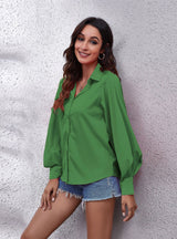 Lantern Solid Color Lapel Long Sleeve Shirt