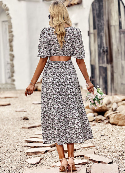 Silm Waist Round Neck Printed Dress