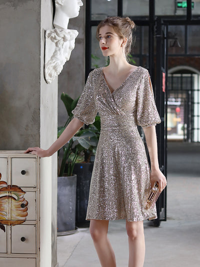 V-neck Short Sleeve Sequins Party Dress