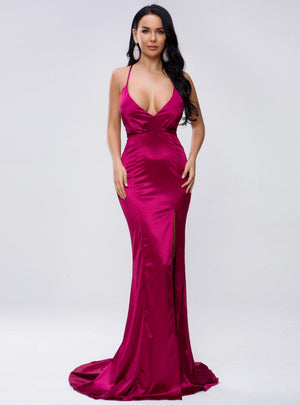 Sexy V-neck Solid Color Sling Backless Prom Dress