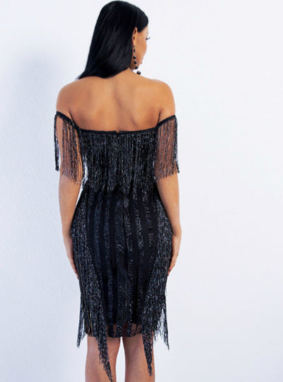 Sexy Deep V Fringe Powder Elegant Slim Fit Dress