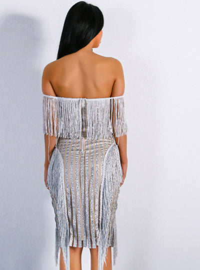 Sexy Deep V Fringe Powder Elegant Slim Fit Dress