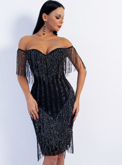 Sexy Deep V Fringe Powder Elegant Slim Fit Dress