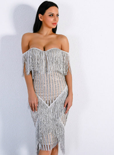 Sexy Deep V Fringe Powder Elegant Slim Fit Dress