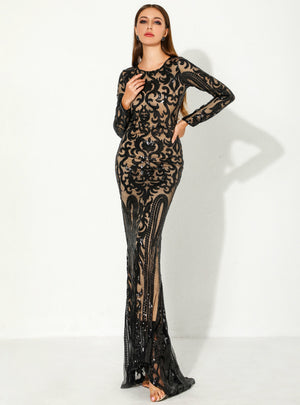 Sexy Crew Neck Long Sleeve Retro Party Dress 