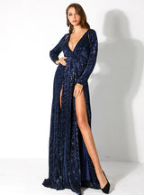 Sexy Deep V Hollow Pleated Split Sequined Evening Dress 