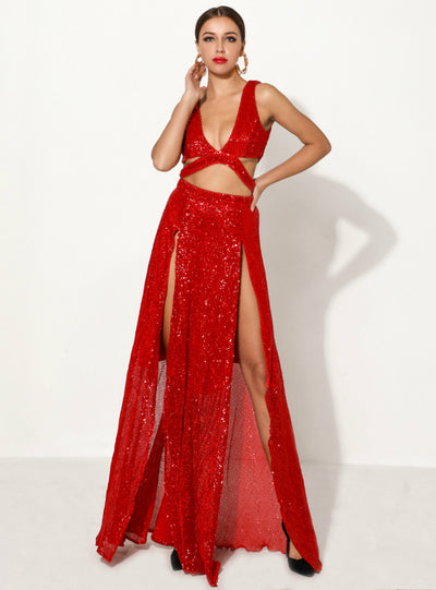 Sexy Topless Sequined Party Red Carpet Dress
