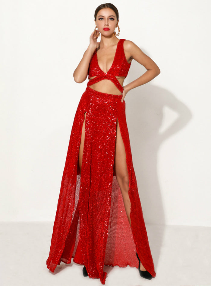 Sexy Topless Sequined Party Red Carpet Dress