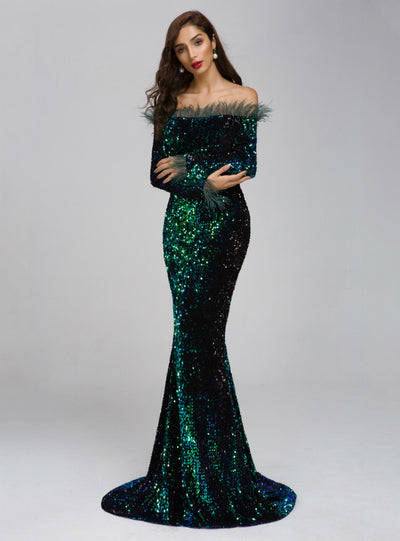 Sexy Shoulder Feather Long Sleeve Sequined Party Dress