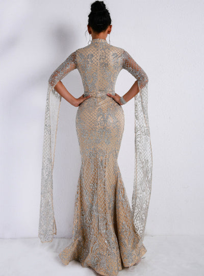 Long Sleeve Mesh Sparkling Sequined Evening Dress 