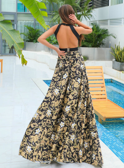 V-neck Ahoulder-length Split Backless Printed Dress