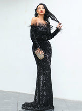 Sexy Shoulder Feather Long Sleeve Sequined Party Dress