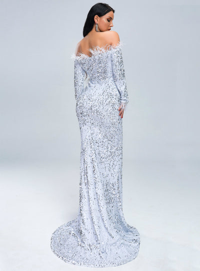 Sexy Shoulder Feather Long Sleeve Sequined Party Dress