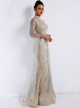 Long Sleeve Mesh Sparkling Sequined Evening Dress 