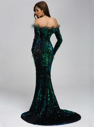 Sexy Shoulder Feather Long Sleeve Sequined Party Dress