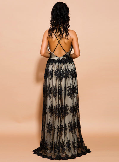 Sexy Deep V Printed Long Suspender Dress