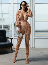 Deep V-neck Long Sleeve Button Lace Stitching Jumpsuit