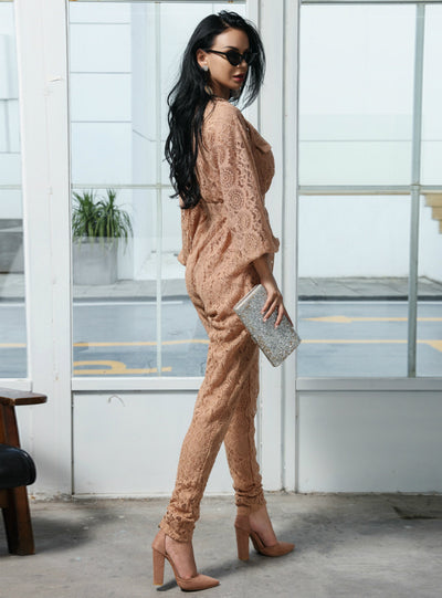 Deep V-neck Long Sleeve Button Lace Stitching Jumpsuit