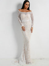 Sexy Shoulder Lace Dress Long Sleeve Party Dinner