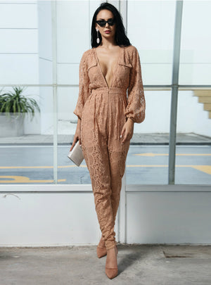 Deep V-neck Long Sleeve Button Lace Stitching Jumpsuit
