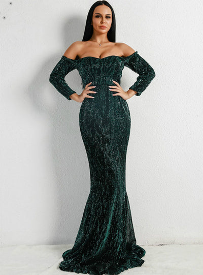 Sexy V-neck Shoulder Long Sleeve Strapless Dress