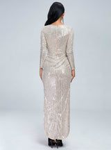 Deep V Sequin Long Sleeve Solid Color Elegant Dress