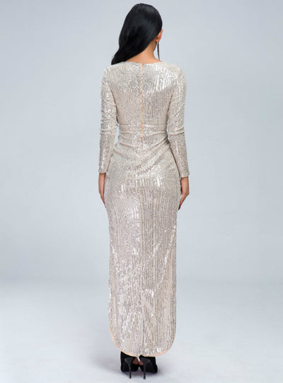 Sexy V-neck Long Sleeve Sequined Dress With High Split