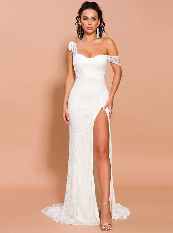 Women Sexy White Lace Party Dress With Split