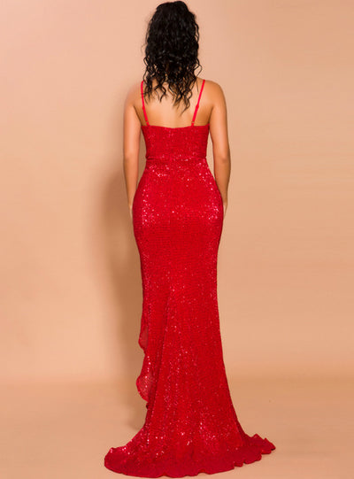 Sexy Red Sequins Spaghetti Straps Party Dress With Split