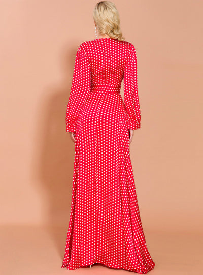 Long Skirt Wave Print V-neck Split Long Sleeve Dress