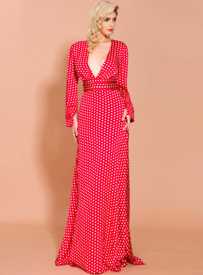 Long Skirt Wave Print V-neck Split Long Sleeve Dress