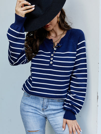 Striped Pullover Button Cardigan Sweater