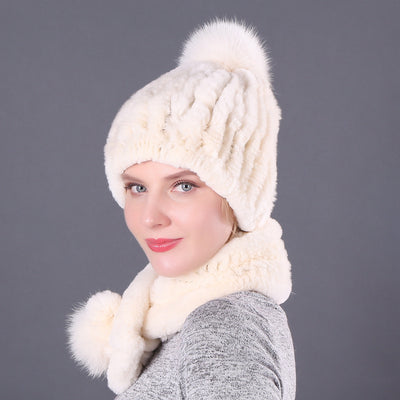 Rex Rabbit Fur Hat Scarf Winter Two-piece Set
