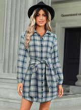 Plaid Waist Shirt Long Sleeve Dress