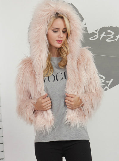 Women Winter Fur Like Hat Throwing Coat 